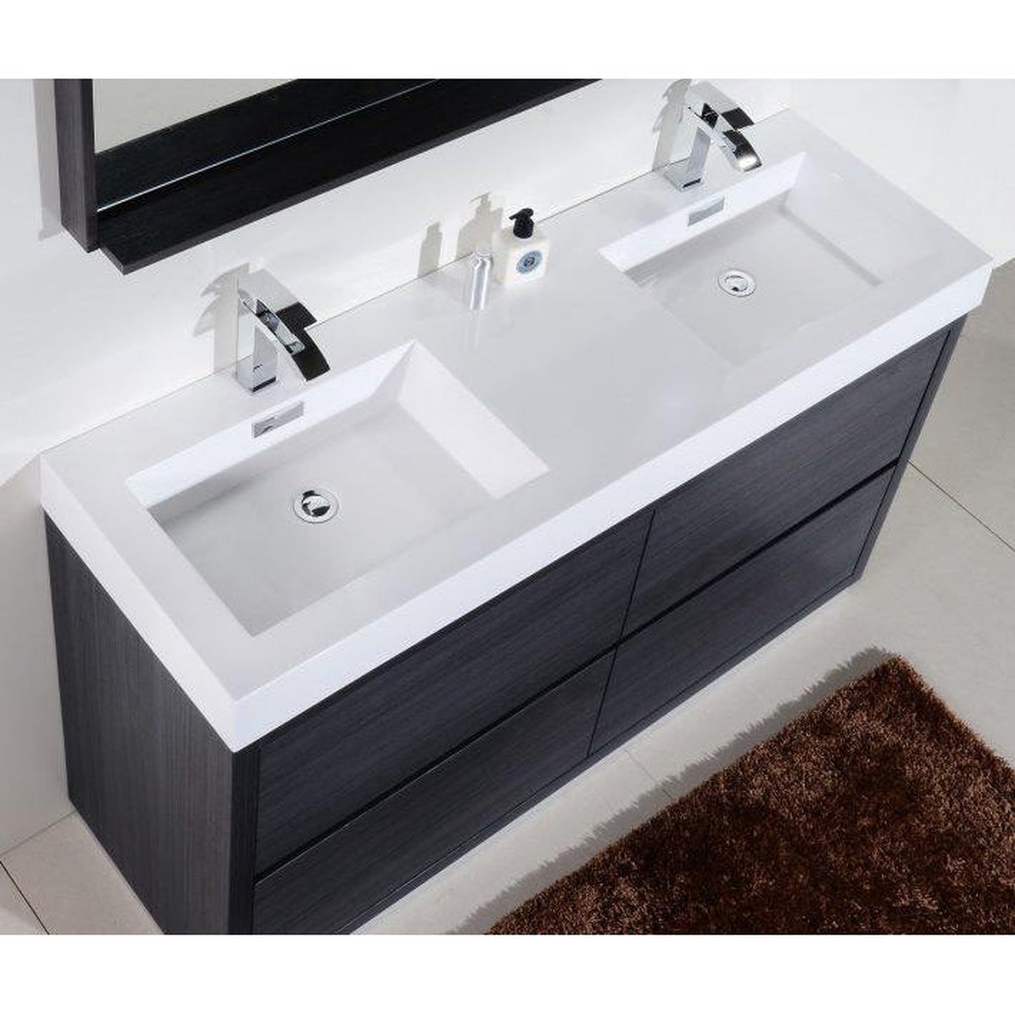 KubeBath Bliss 60" Gray Oak Freestanding Modern Bathroom Vanity With Double Integrated Acrylic Sink With Overflow and 55" Gray Oak Framed Mirror With Shelf