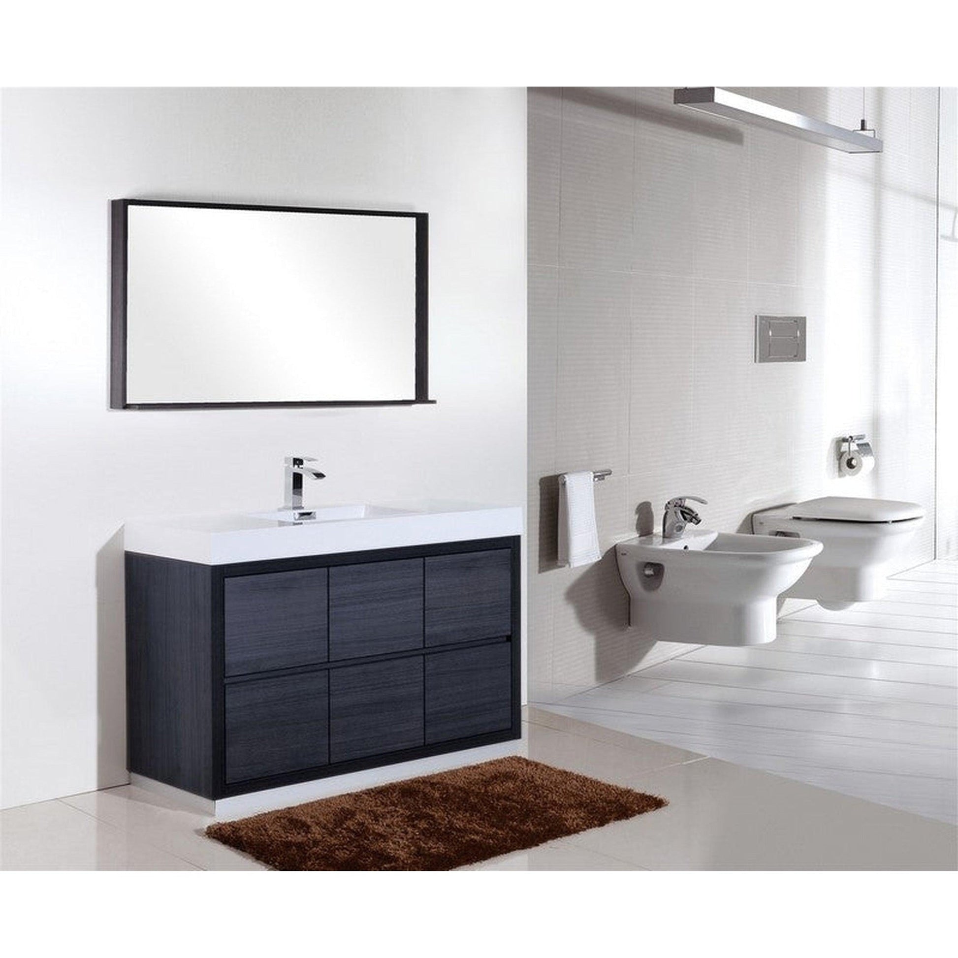 KubeBath Bliss 60" Gray Oak Freestanding Modern Bathroom Vanity With Single Integrated Acrylic Sink With Overflow and 55" Gray Oak Framed Mirror With Shelf