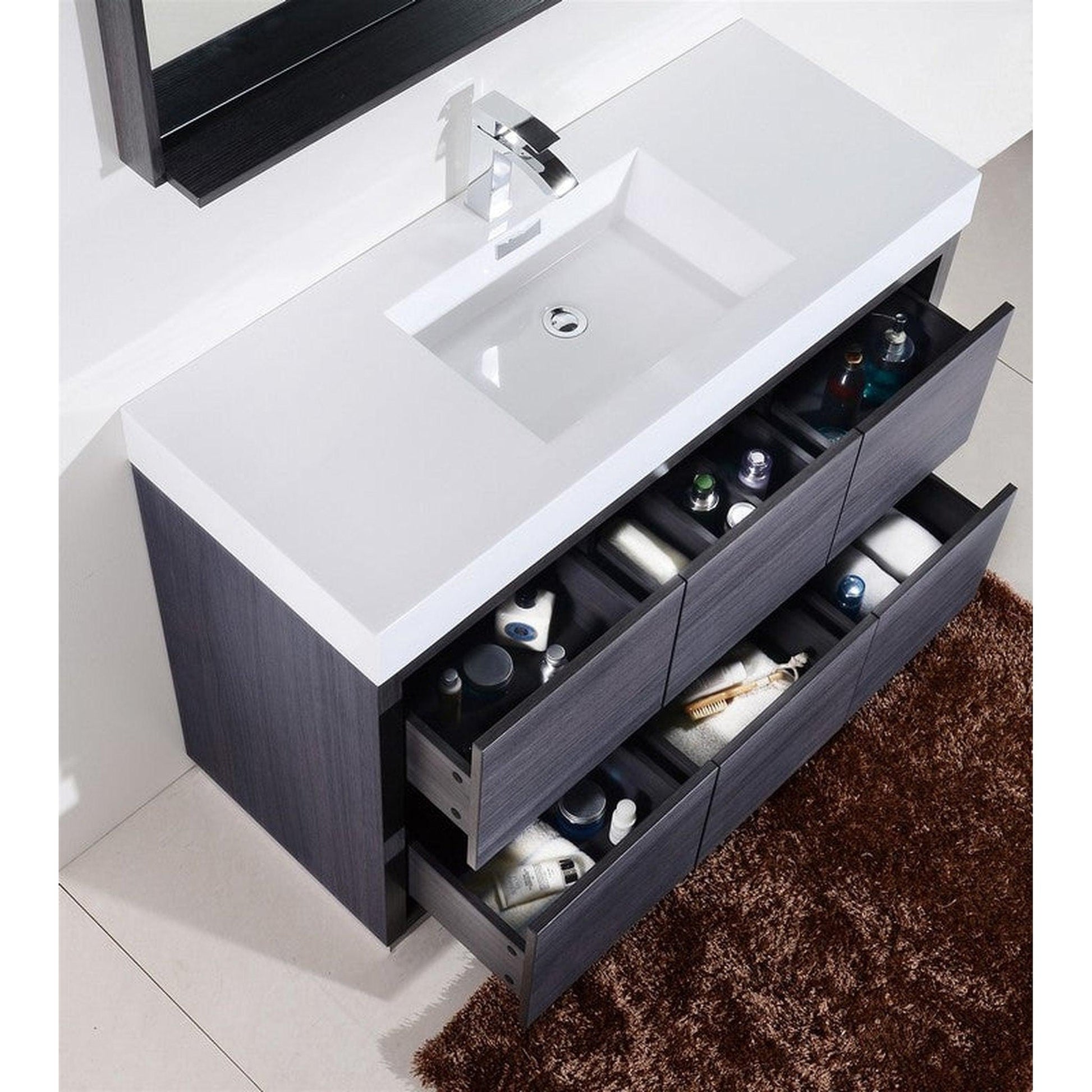 KubeBath Bliss 60" Gray Oak Freestanding Modern Bathroom Vanity With Single Integrated Acrylic Sink With Overflow and 55" Gray Oak Framed Mirror With Shelf