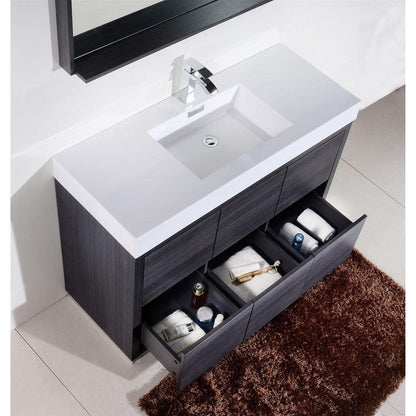 KubeBath Bliss 60" Gray Oak Freestanding Modern Bathroom Vanity With Single Integrated Acrylic Sink With Overflow and 55" Gray Oak Framed Mirror With Shelf