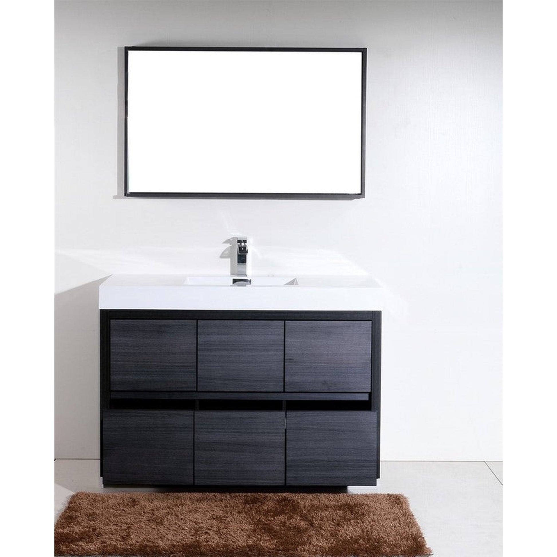 KubeBath Bliss 60" Gray Oak Freestanding Modern Bathroom Vanity With Single Integrated Acrylic Sink With Overflow and 55" Gray Oak Framed Mirror With Shelf