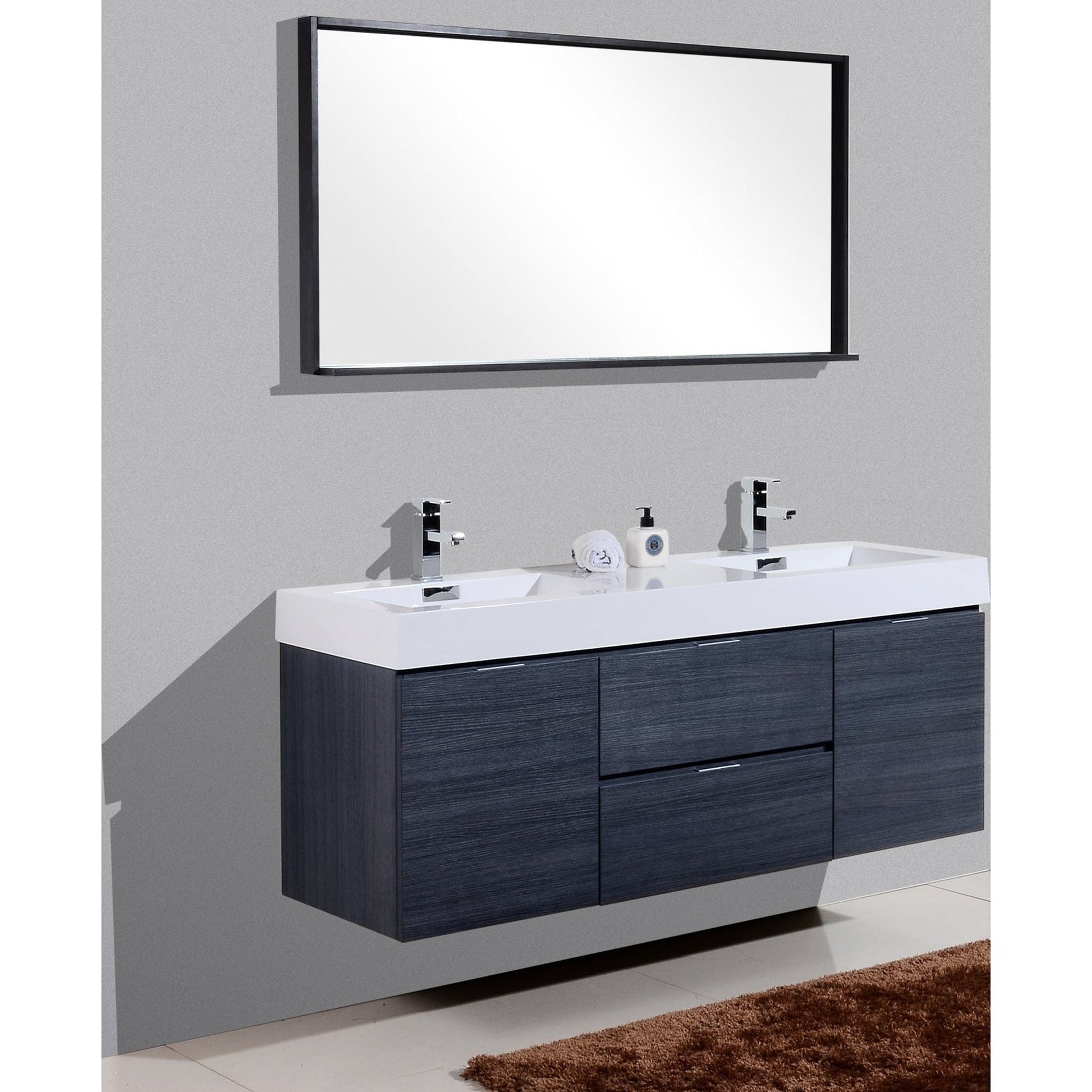 KubeBath Bliss 60" Gray Oak Wall-Mounted Modern Bathroom Vanity With Double Integrated Acrylic Sink With Overflow