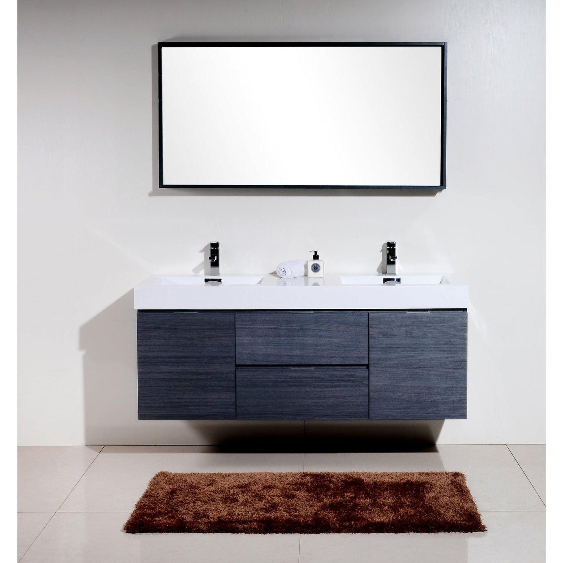 KubeBath Bliss 60" Gray Oak Wall-Mounted Modern Bathroom Vanity With Double Integrated Acrylic Sink With Overflow