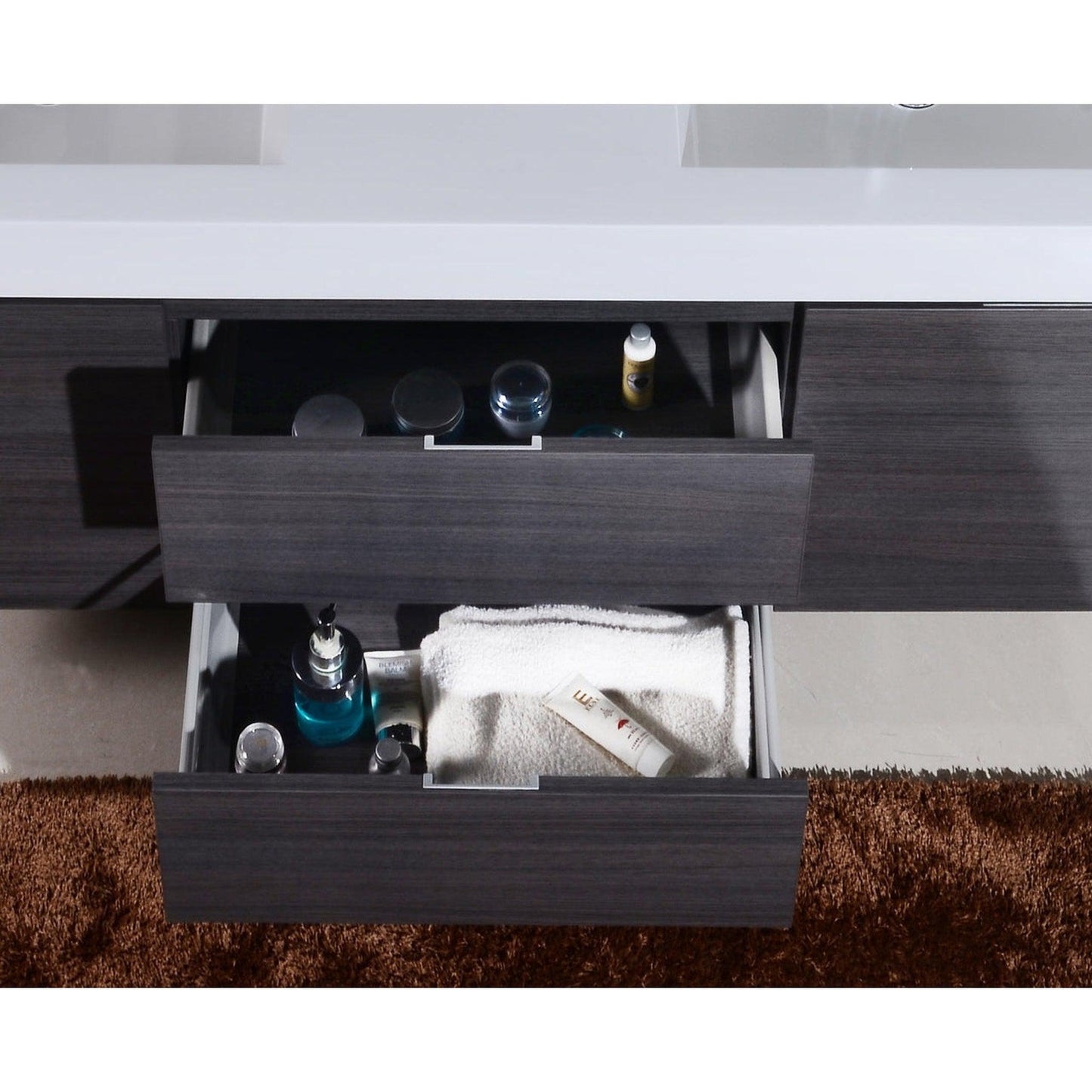 KubeBath Bliss 60" Gray Oak Wall-Mounted Modern Bathroom Vanity With Double Integrated Acrylic Sink With Overflow and 55" Gray Oak Framed Mirror With Shelf