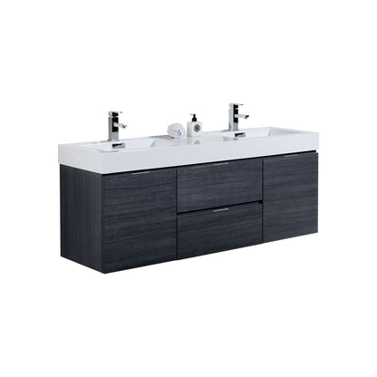 KubeBath Bliss 60" Gray Oak Wall-Mounted Modern Bathroom Vanity With Double Integrated Acrylic Sink With Overflow and 55" Gray Oak Framed Mirror With Shelf