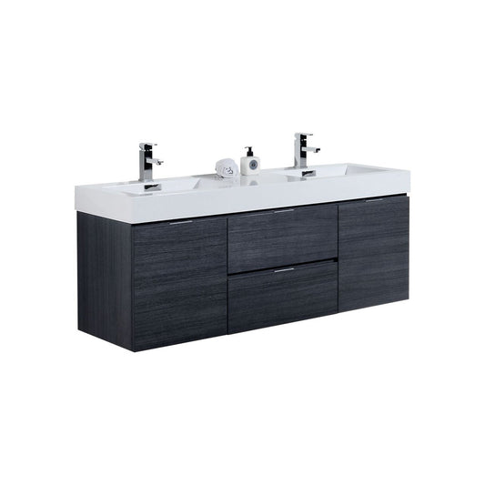 KubeBath Bliss 60" Gray Oak Wall-Mounted Modern Bathroom Vanity With Double Integrated Acrylic Sink With Overflow