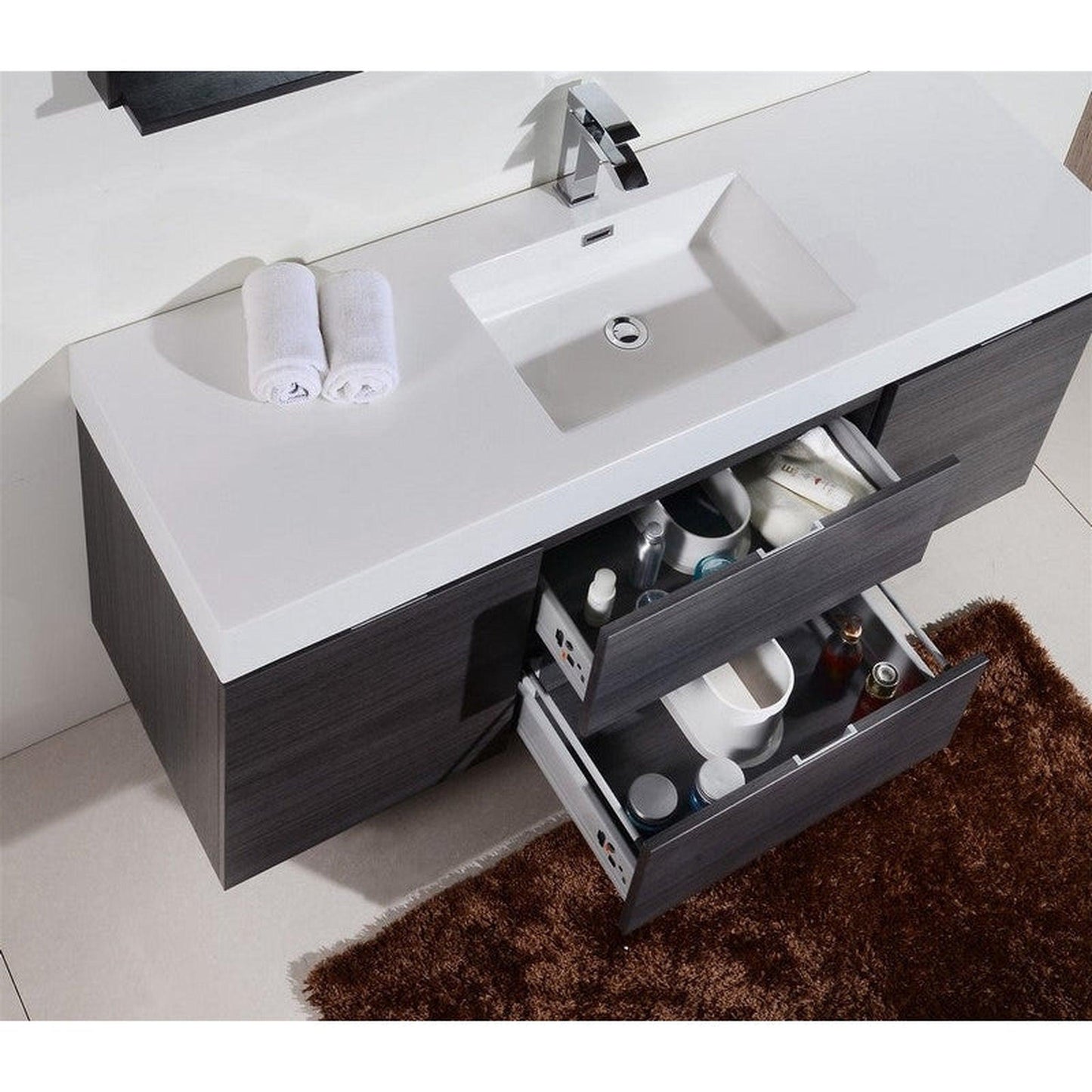 KubeBath Bliss 60" Gray Oak Wall-Mounted Modern Bathroom Vanity With Single Integrated Acrylic Sink With Overflow