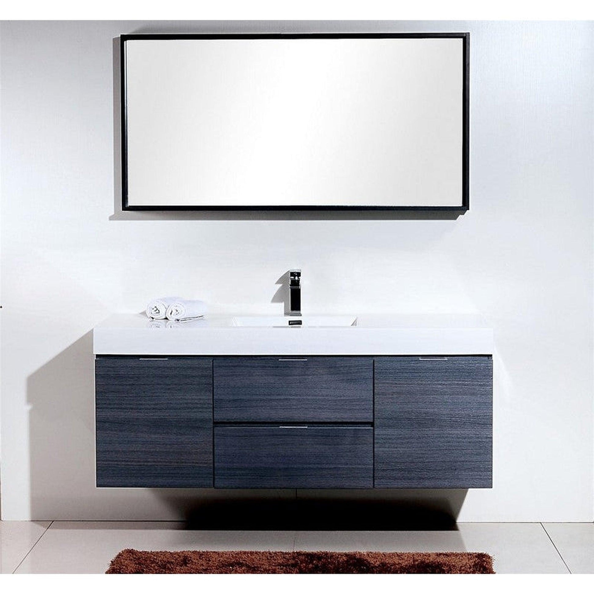 KubeBath Bliss 60" Gray Oak Wall-Mounted Modern Bathroom Vanity With Single Integrated Acrylic Sink With Overflow and 55" Gray Oak Framed Mirror With Shelf