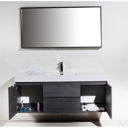 KubeBath Bliss 60" Gray Oak Wall-Mounted Modern Bathroom Vanity With Single Integrated Acrylic Sink With Overflow and 55" Gray Oak Framed Mirror With Shelf