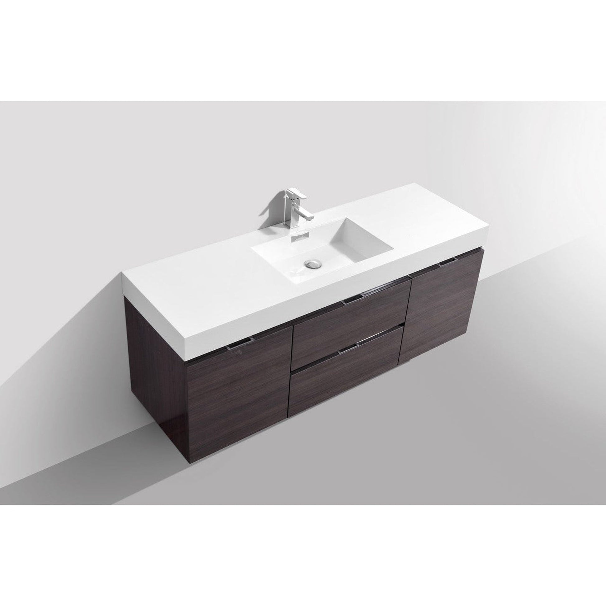 KubeBath Bliss 60" High Gloss Gray Oak Wall-Mounted Modern Bathroom Vanity With Single Integrated Acrylic Sink With Overflow