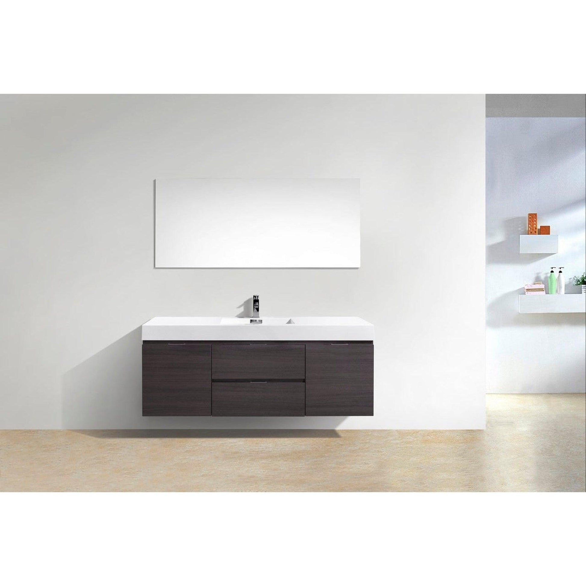KubeBath Bliss 60" High Gloss Gray Oak Wall-Mounted Modern Bathroom Vanity With Single Integrated Acrylic Sink With Overflow and 55" Wood Framed Mirror With Shelf