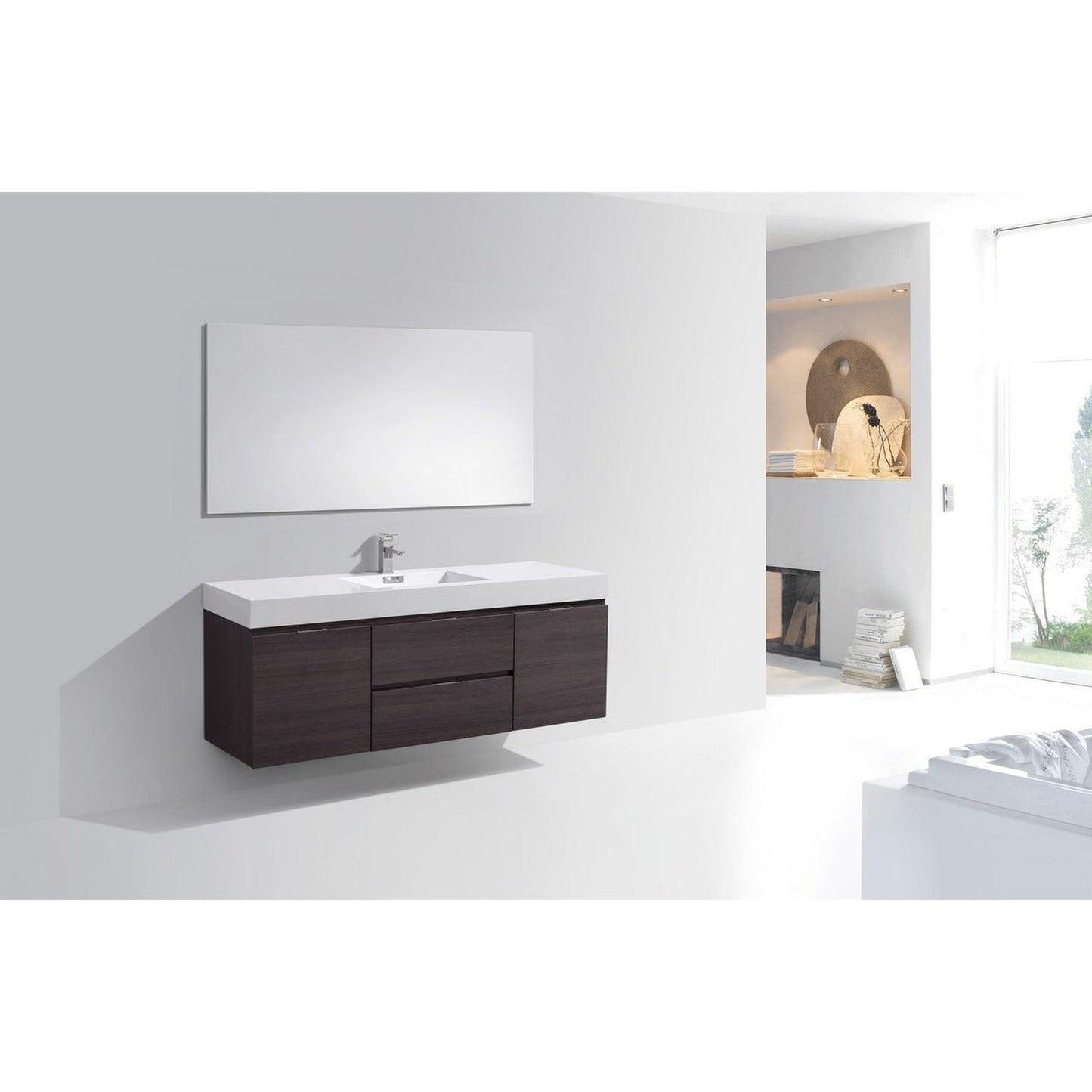 KubeBath Bliss 60" High Gloss Gray Oak Wall-Mounted Modern Bathroom Vanity With Single Integrated Acrylic Sink With Overflow and 55" Wood Framed Mirror With Shelf