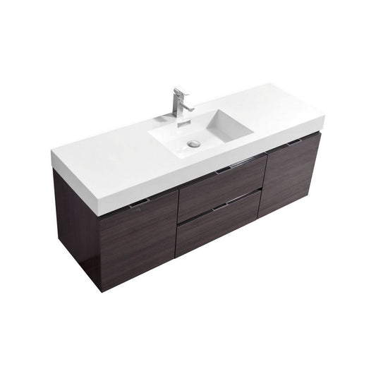 KubeBath Bliss 60" High Gloss Gray Oak Wall-Mounted Modern Bathroom Vanity With Single Integrated Acrylic Sink With Overflow