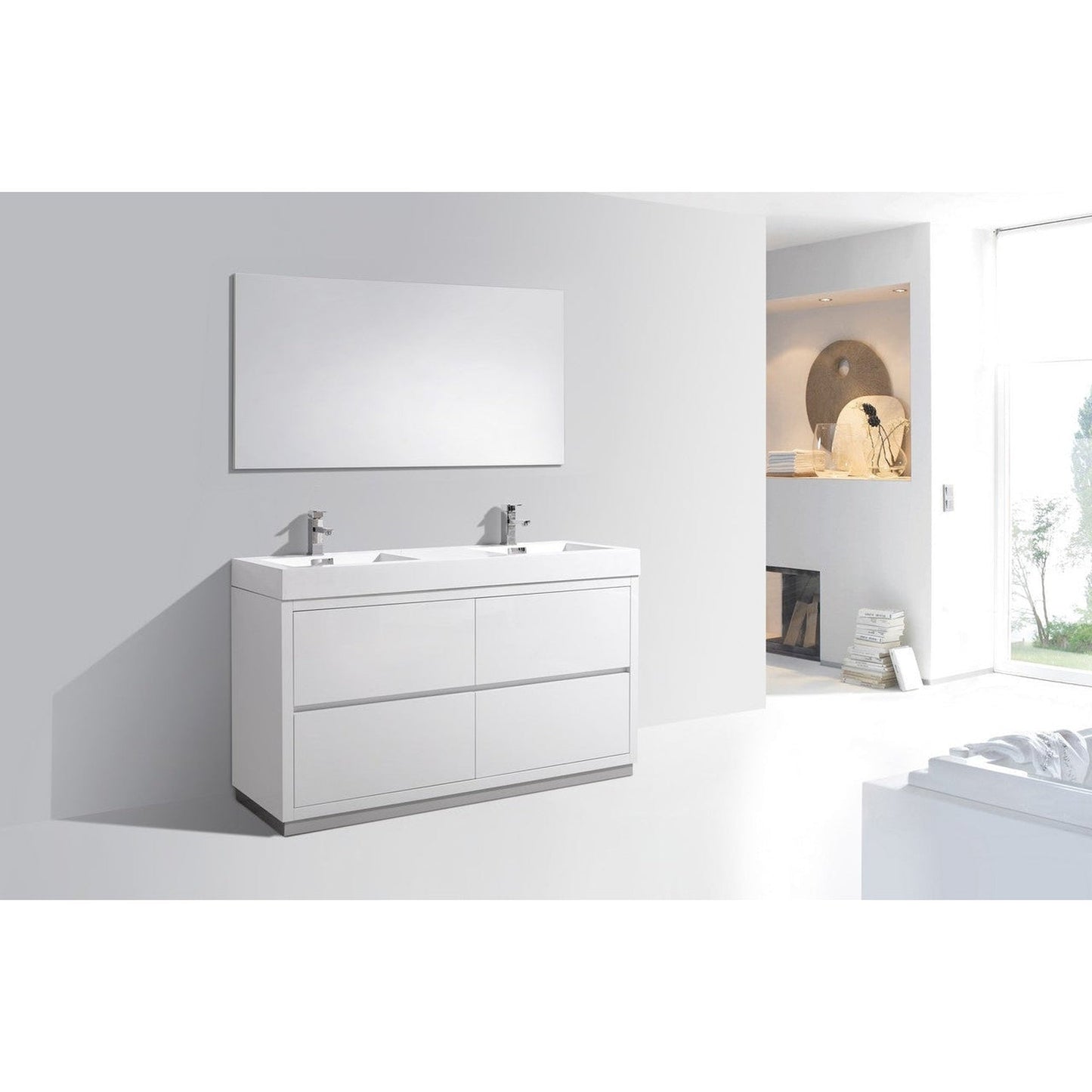 KubeBath Bliss 60" High Gloss White Freestanding Modern Bathroom Vanity With Double Integrated Acrylic Sink With Overflow and 60" White Framed Mirror With Shelf