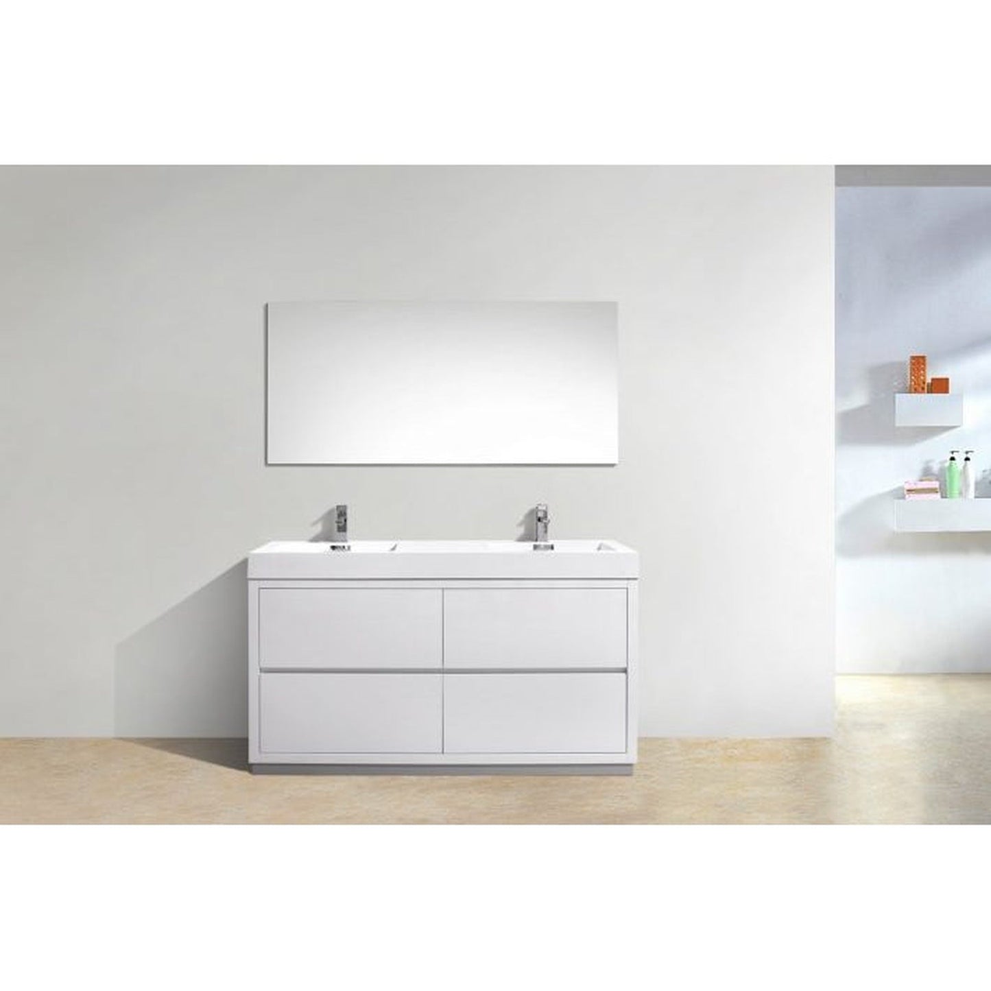 KubeBath Bliss 60" High Gloss White Freestanding Modern Bathroom Vanity With Double Integrated Acrylic Sink With Overflow and 60" White Framed Mirror With Shelf