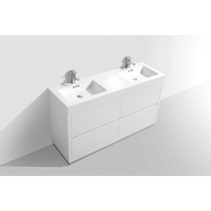 KubeBath Bliss 60" High Gloss White Freestanding Modern Bathroom Vanity With Double Integrated Acrylic Sink With Overflow and 60" White Framed Mirror With Shelf