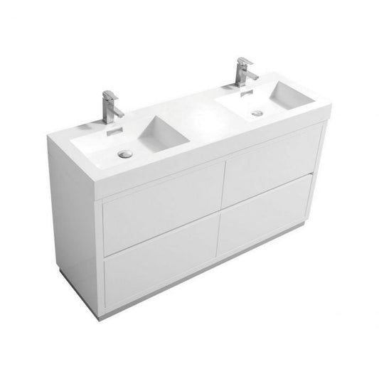 KubeBath Bliss 60" High Gloss White Freestanding Modern Bathroom Vanity With Double Integrated Acrylic Sink With Overflow and 60" White Framed Mirror With Shelf