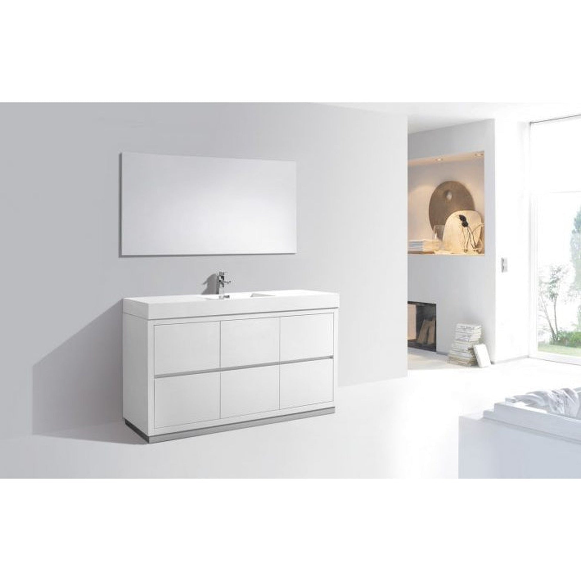 KubeBath Bliss 60" High Gloss White Freestanding Modern Bathroom Vanity With Single Integrated Acrylic Sink With Overflow and 60" White Framed Mirror With Shelf