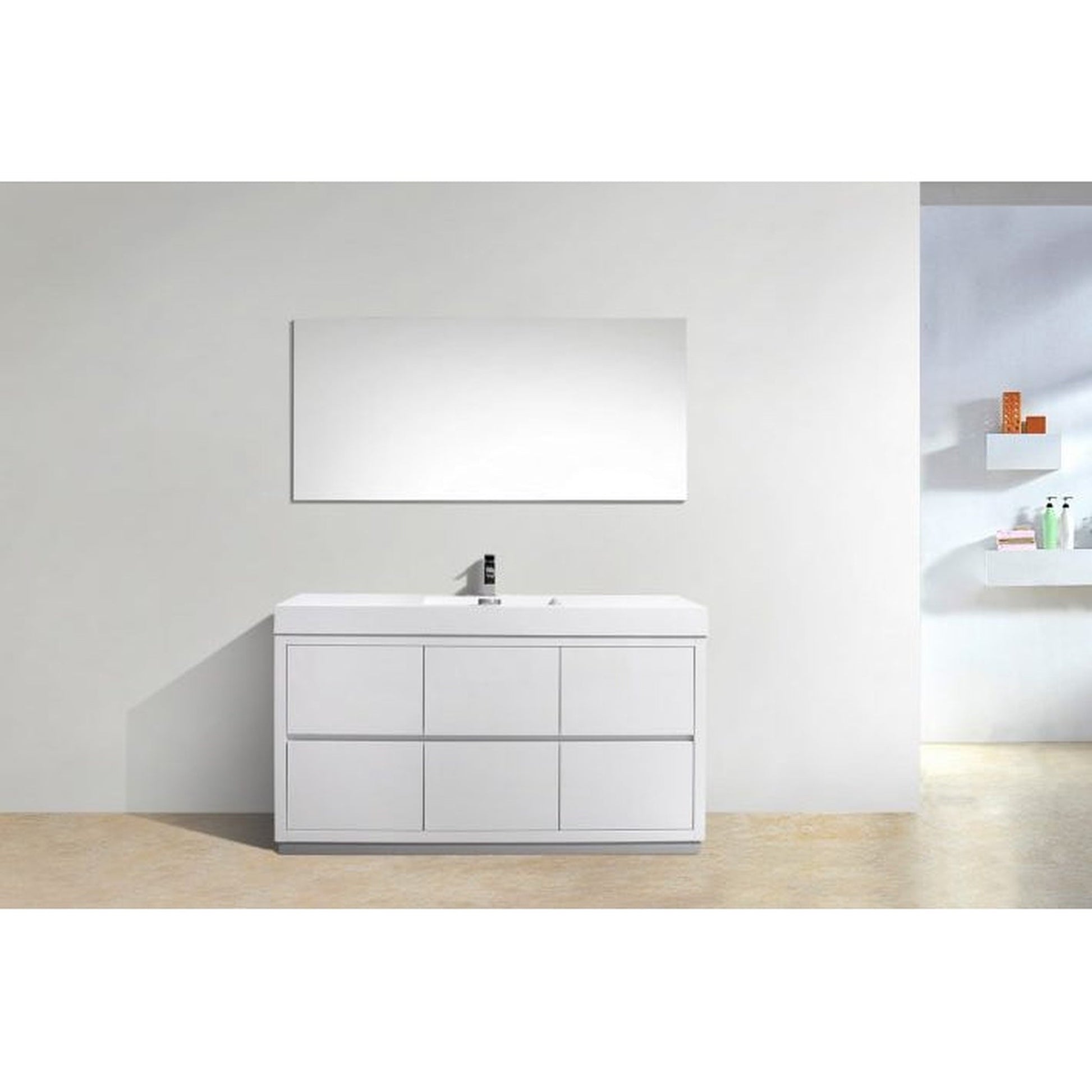 KubeBath Bliss 60" High Gloss White Freestanding Modern Bathroom Vanity With Single Integrated Acrylic Sink With Overflow and 60" White Framed Mirror With Shelf