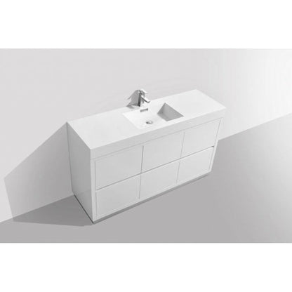 KubeBath Bliss 60" High Gloss White Freestanding Modern Bathroom Vanity With Single Integrated Acrylic Sink With Overflow and 60" White Framed Mirror With Shelf