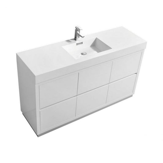 KubeBath Bliss 60" High Gloss White Freestanding Modern Bathroom Vanity With Single Integrated Acrylic Sink With Overflow and 60" White Framed Mirror With Shelf