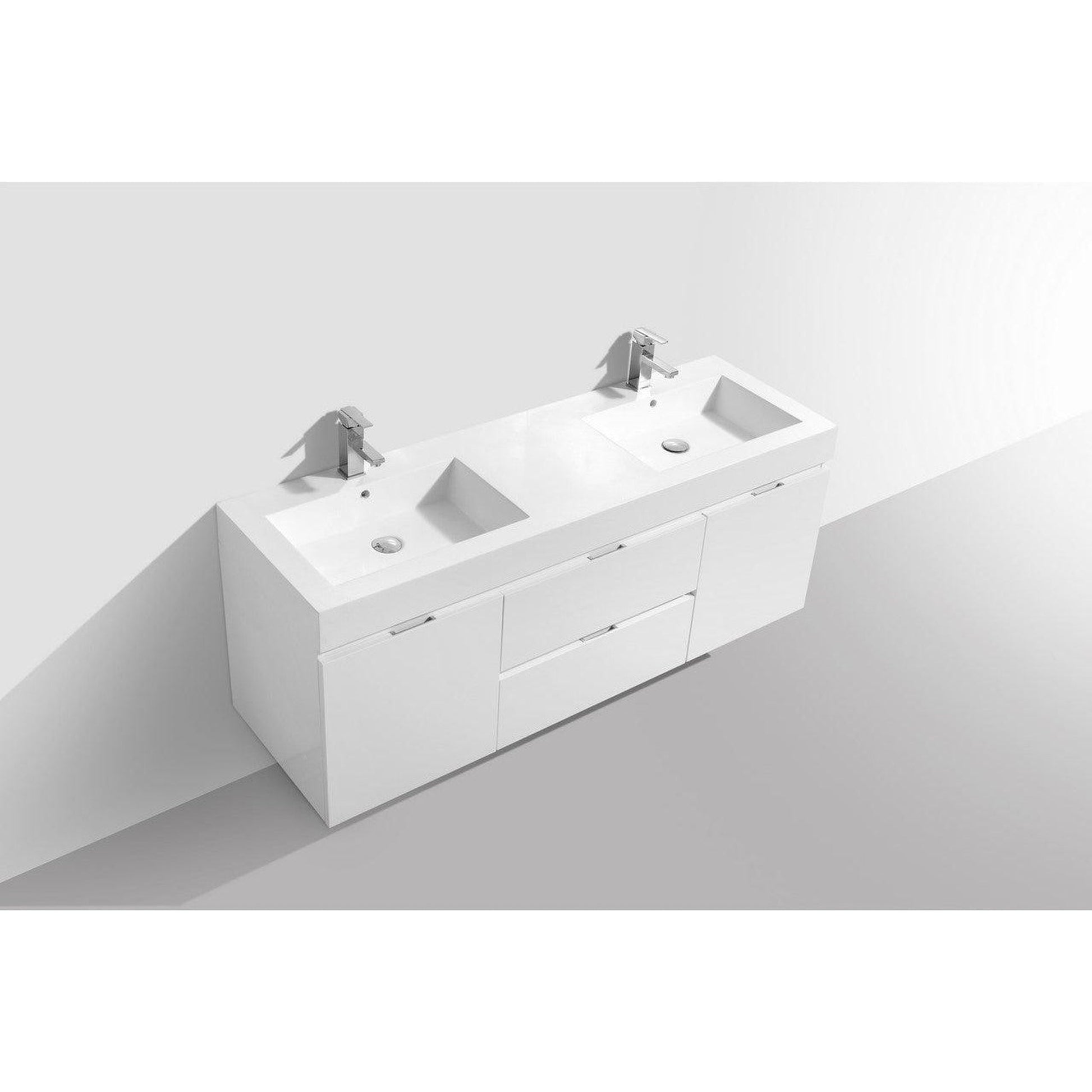 KubeBath Bliss 60" High Gloss White Wall-Mounted Modern Bathroom Vanity With Double Integrated Acrylic Sink With Overflow and 60" White Framed Mirror With Shelf