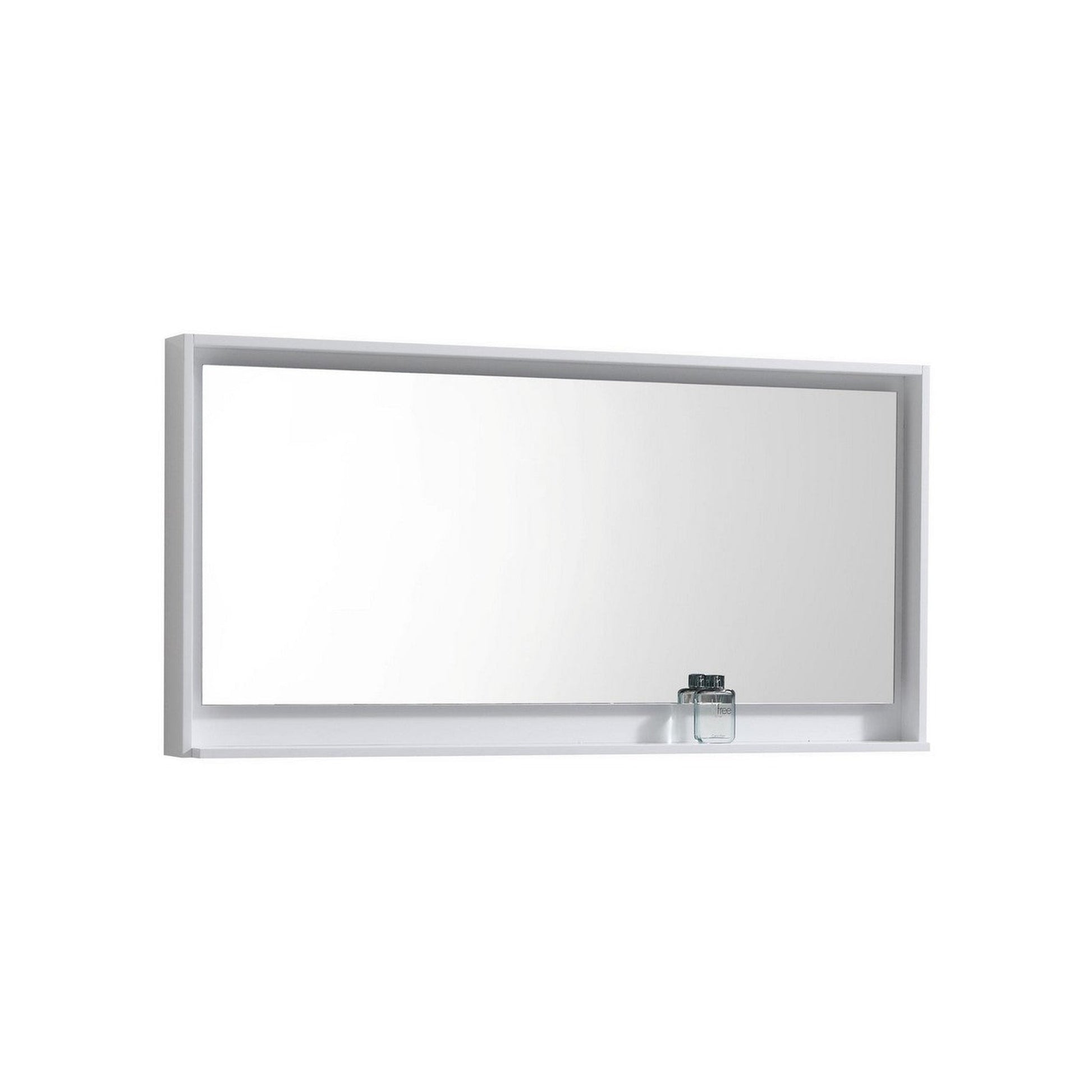 KubeBath Bliss 60" High Gloss White Wall-Mounted Modern Bathroom Vanity With Double Integrated Acrylic Sink With Overflow and 60" White Framed Mirror With Shelf