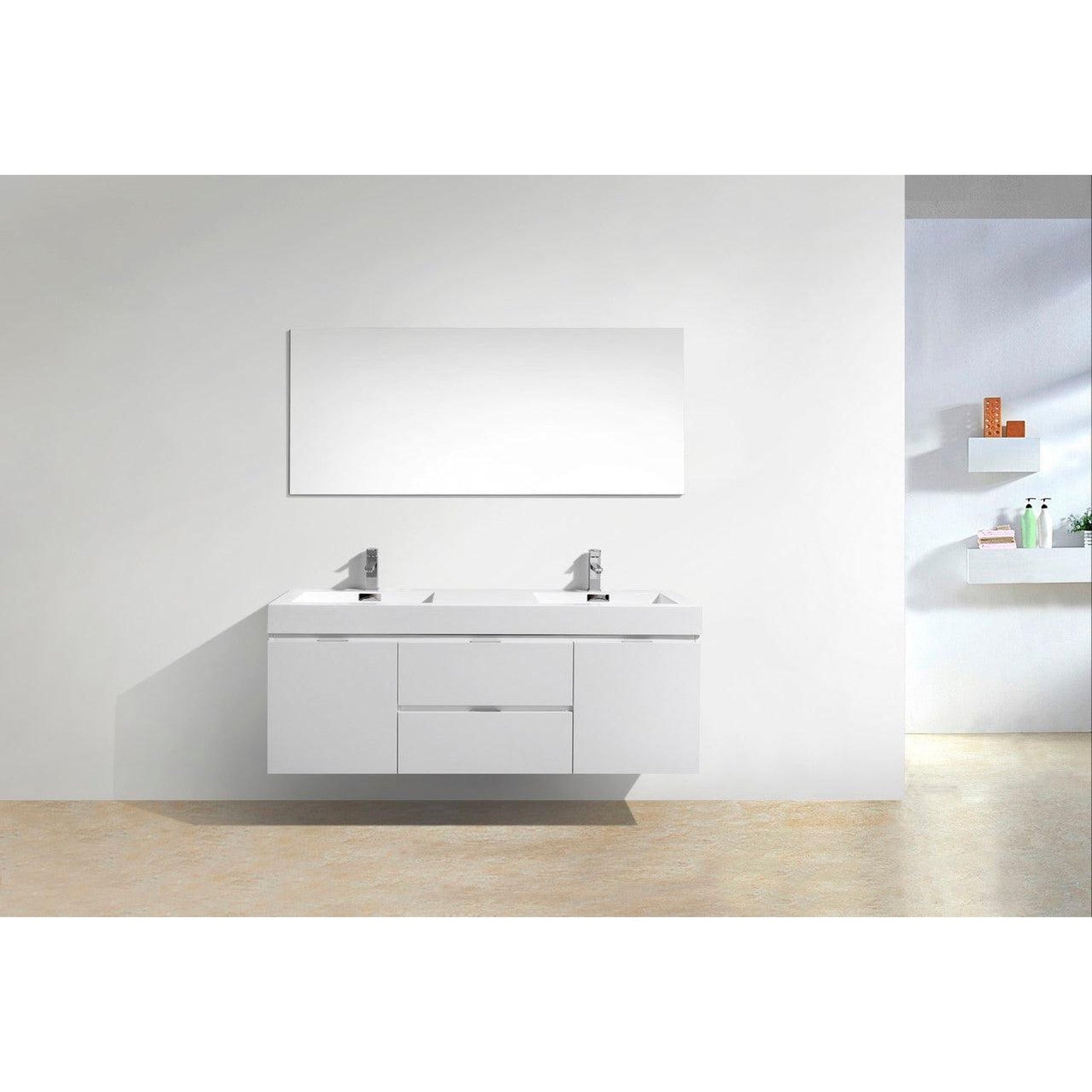 KubeBath Bliss 60" High Gloss White Wall-Mounted Modern Bathroom Vanity With Double Integrated Acrylic Sink With Overflow and 60" White Framed Mirror With Shelf