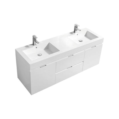 KubeBath Bliss 60" High Gloss White Wall-Mounted Modern Bathroom Vanity With Double Integrated Acrylic Sink With Overflow and 60" White Framed Mirror With Shelf