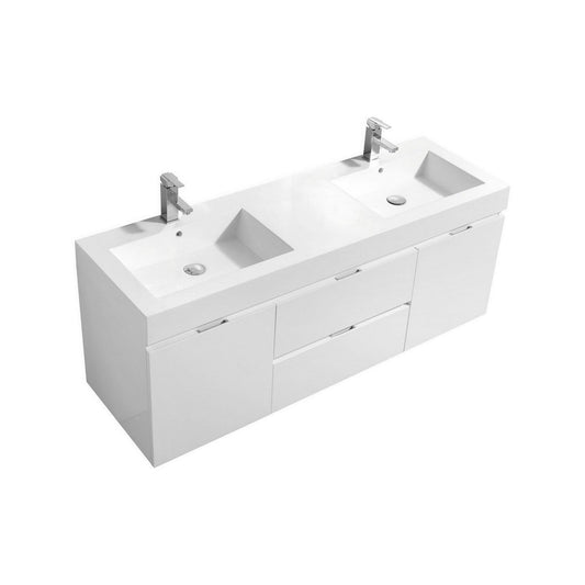 KubeBath Bliss 60" High Gloss White Wall-Mounted Modern Bathroom Vanity With Double Integrated Acrylic Sink With Overflow