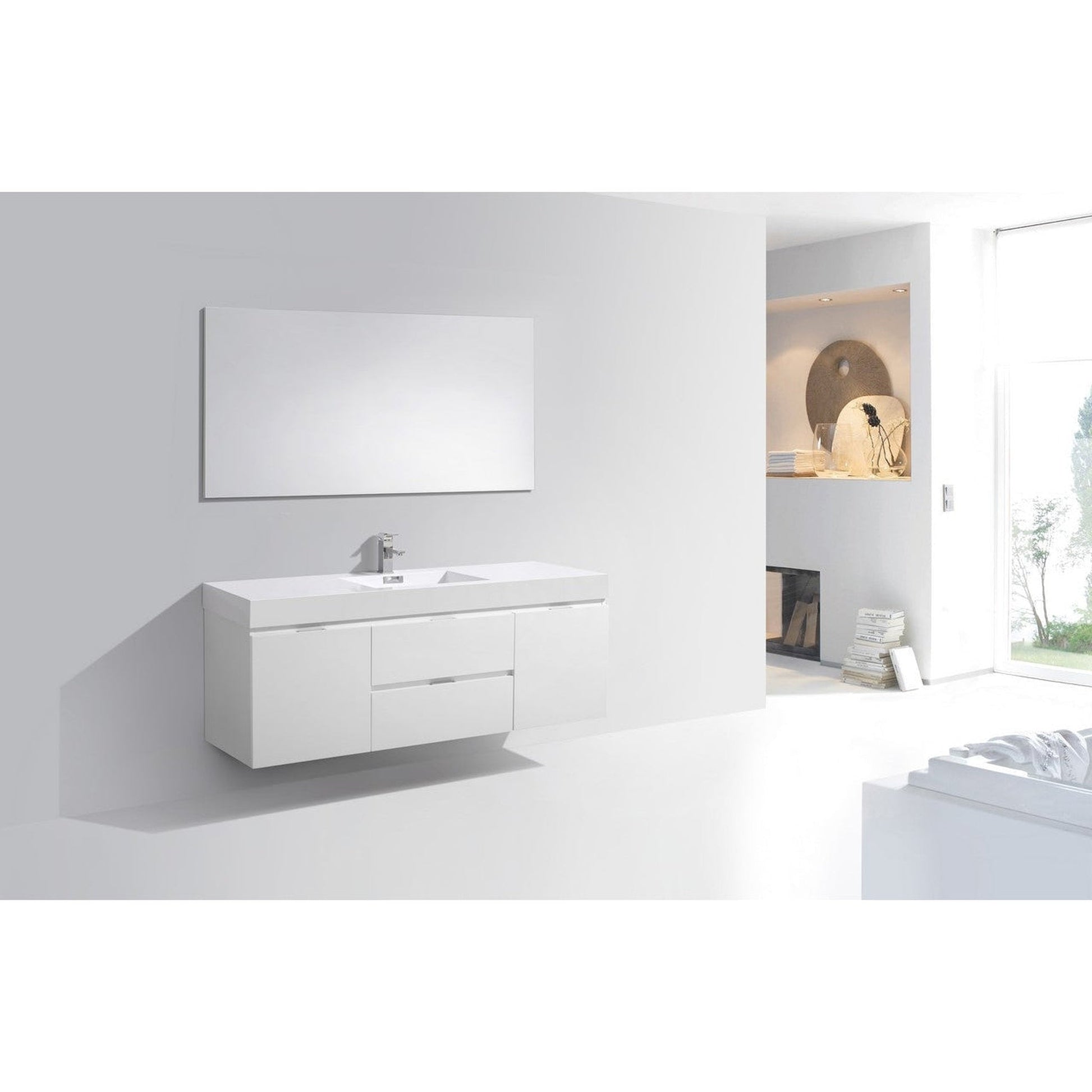KubeBath Bliss 60" High Gloss White Wall-Mounted Modern Bathroom Vanity With Single Integrated Acrylic Sink With Overflow
