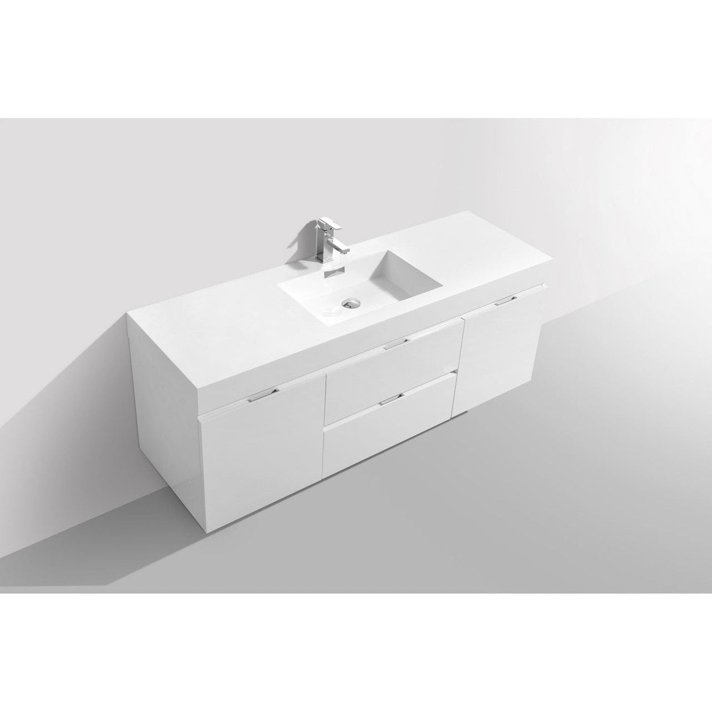 KubeBath Bliss 60" High Gloss White Wall-Mounted Modern Bathroom Vanity With Single Integrated Acrylic Sink With Overflow and 60" White Framed Mirror With Shelf