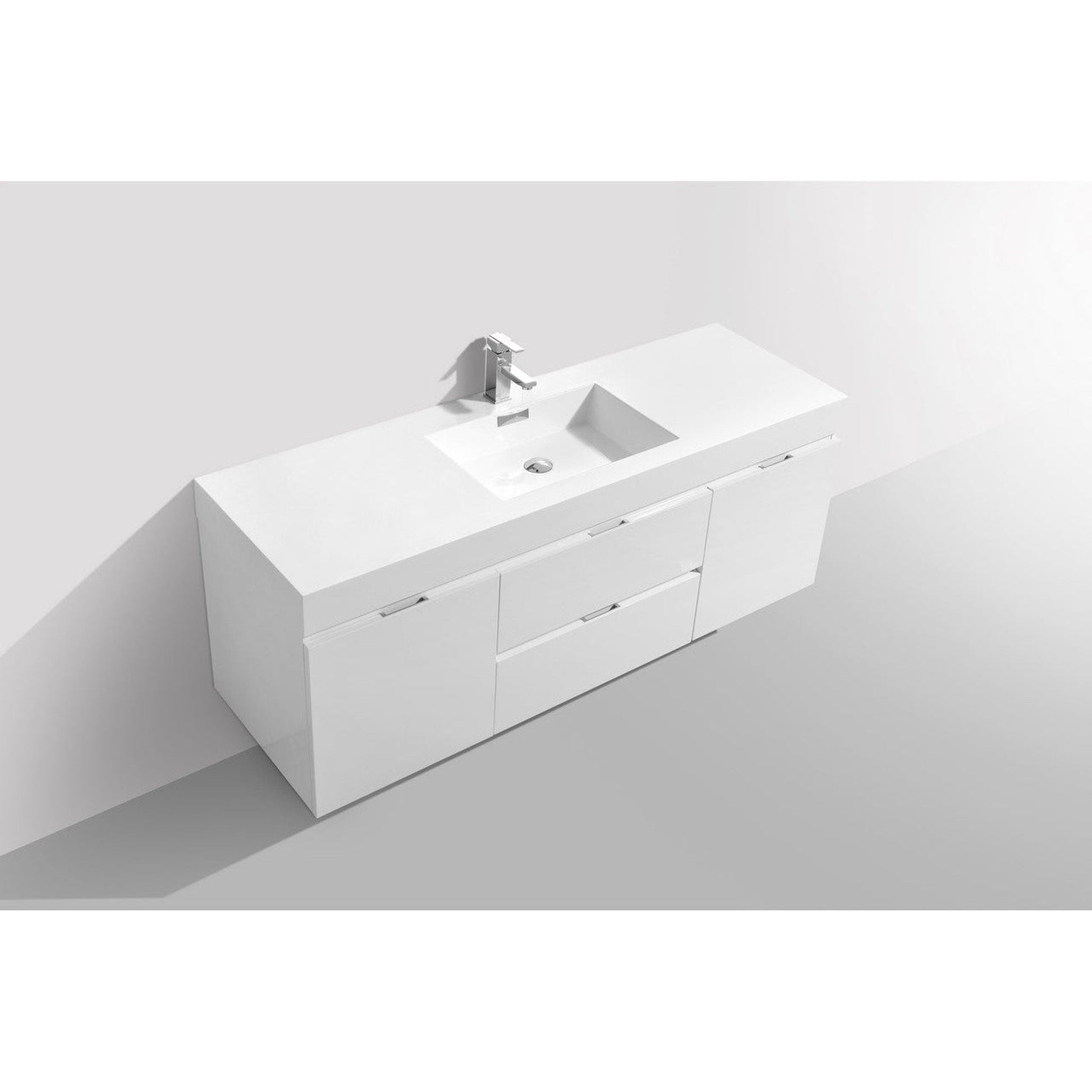 KubeBath Bliss 60" High Gloss White Wall-Mounted Modern Bathroom Vanity With Single Integrated Acrylic Sink With Overflow and 60" White Framed Mirror With Shelf