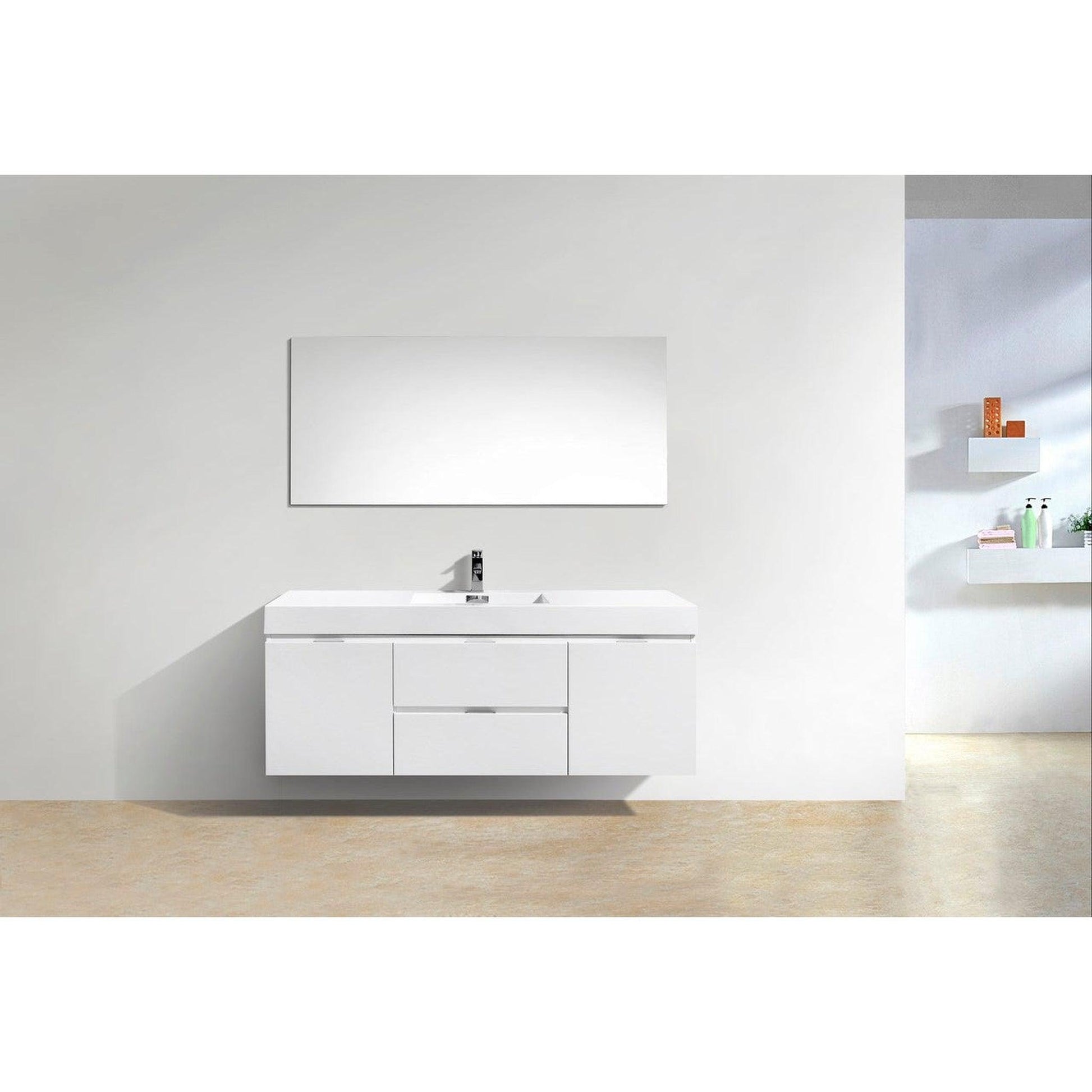 KubeBath Bliss 60" High Gloss White Wall-Mounted Modern Bathroom Vanity With Single Integrated Acrylic Sink With Overflow and 60" White Framed Mirror With Shelf