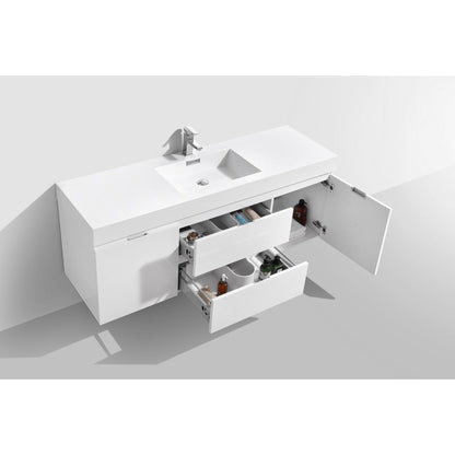 KubeBath Bliss 60" High Gloss White Wall-Mounted Modern Bathroom Vanity With Single Integrated Acrylic Sink With Overflow and 60" White Framed Mirror With Shelf