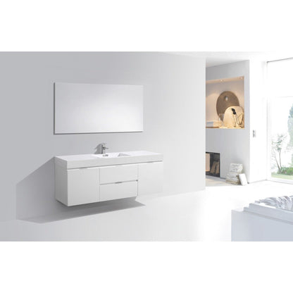 KubeBath Bliss 60" High Gloss White Wall-Mounted Modern Bathroom Vanity With Single Integrated Acrylic Sink With Overflow and 60" White Framed Mirror With Shelf