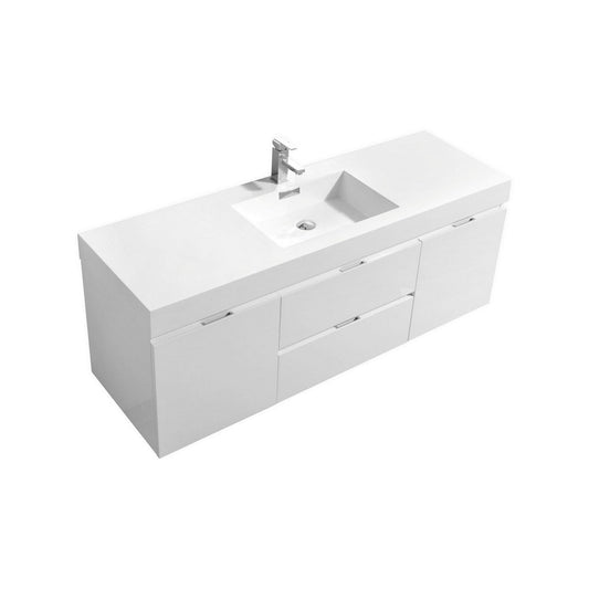 KubeBath Bliss 60" High Gloss White Wall-Mounted Modern Bathroom Vanity With Single Integrated Acrylic Sink With Overflow and 60" White Framed Mirror With Shelf