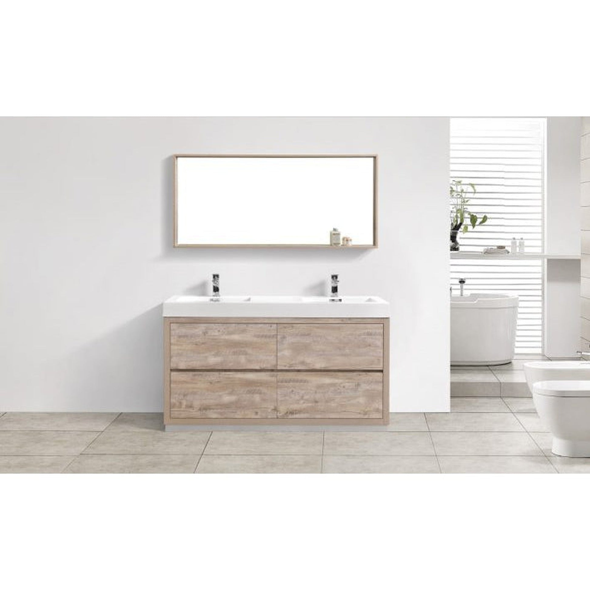 KubeBath Bliss 60" Nature Wood Freestanding Modern Bathroom Vanity With Double Integrated Acrylic Sink With Overflow and 60" Wood Framed Mirror With Shelf