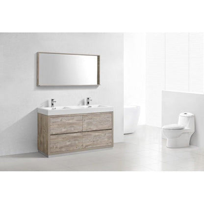 KubeBath Bliss 60" Nature Wood Freestanding Modern Bathroom Vanity With Double Integrated Acrylic Sink With Overflow and 60" Wood Framed Mirror With Shelf