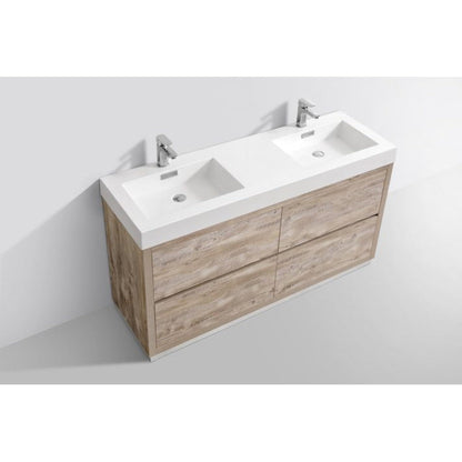 KubeBath Bliss 60" Nature Wood Freestanding Modern Bathroom Vanity With Double Integrated Acrylic Sink With Overflow and 60" Wood Framed Mirror With Shelf