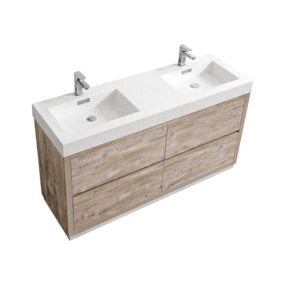 KubeBath Bliss 60" Nature Wood Freestanding Modern Bathroom Vanity With Double Integrated Acrylic Sink With Overflow and 60" Wood Framed Mirror With Shelf