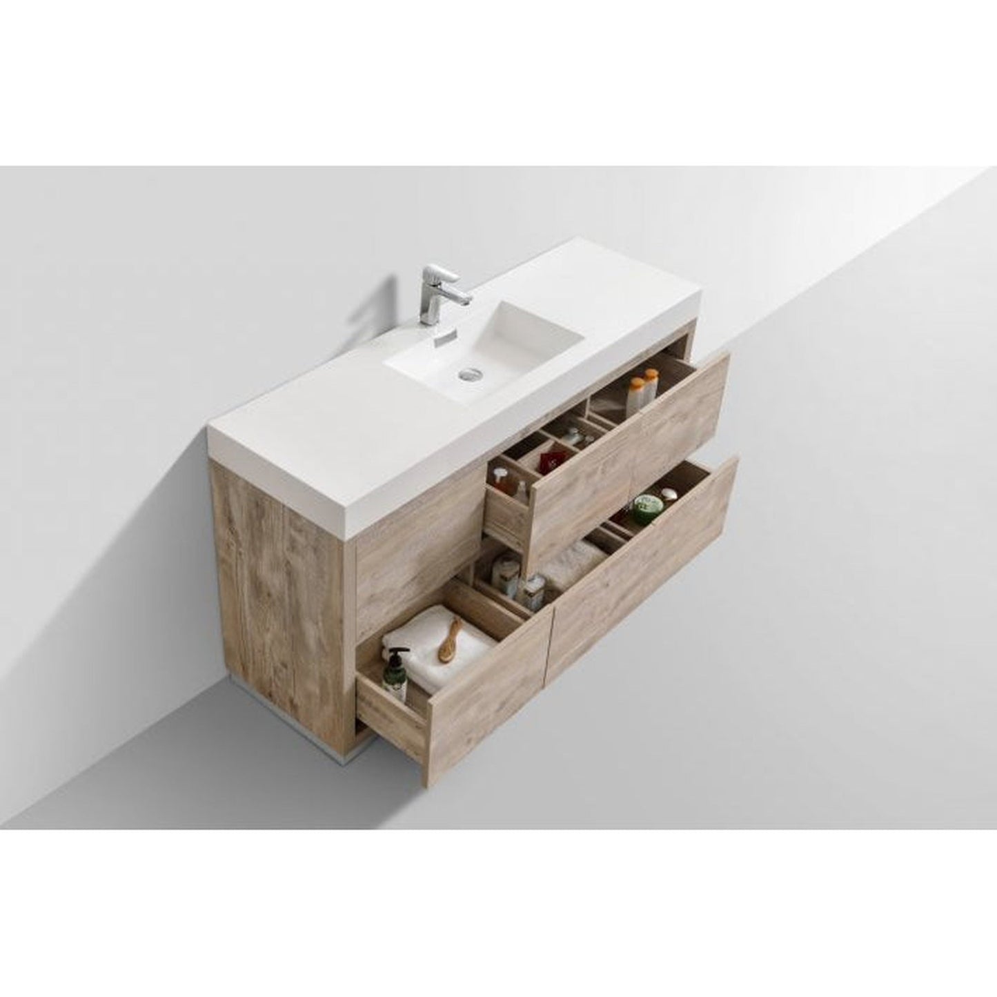 KubeBath Bliss 60" Nature Wood Freestanding Modern Bathroom Vanity With Single Integrated Acrylic Sink With Overflow