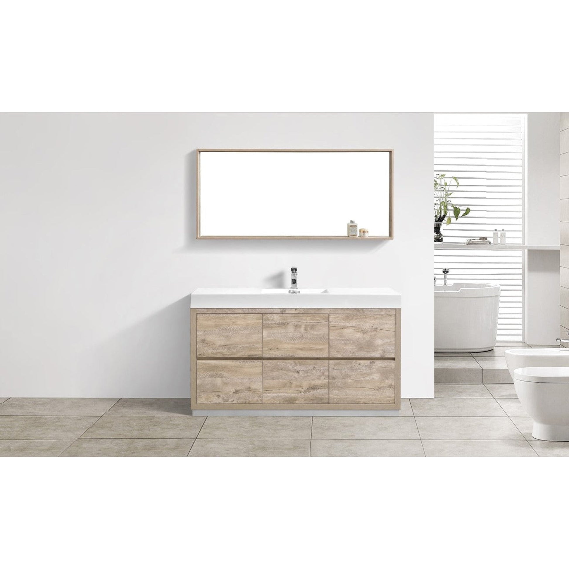 KubeBath Bliss 60" Nature Wood Freestanding Modern Bathroom Vanity With Single Integrated Acrylic Sink With Overflow and 60" Wood Framed Mirror With Shelf