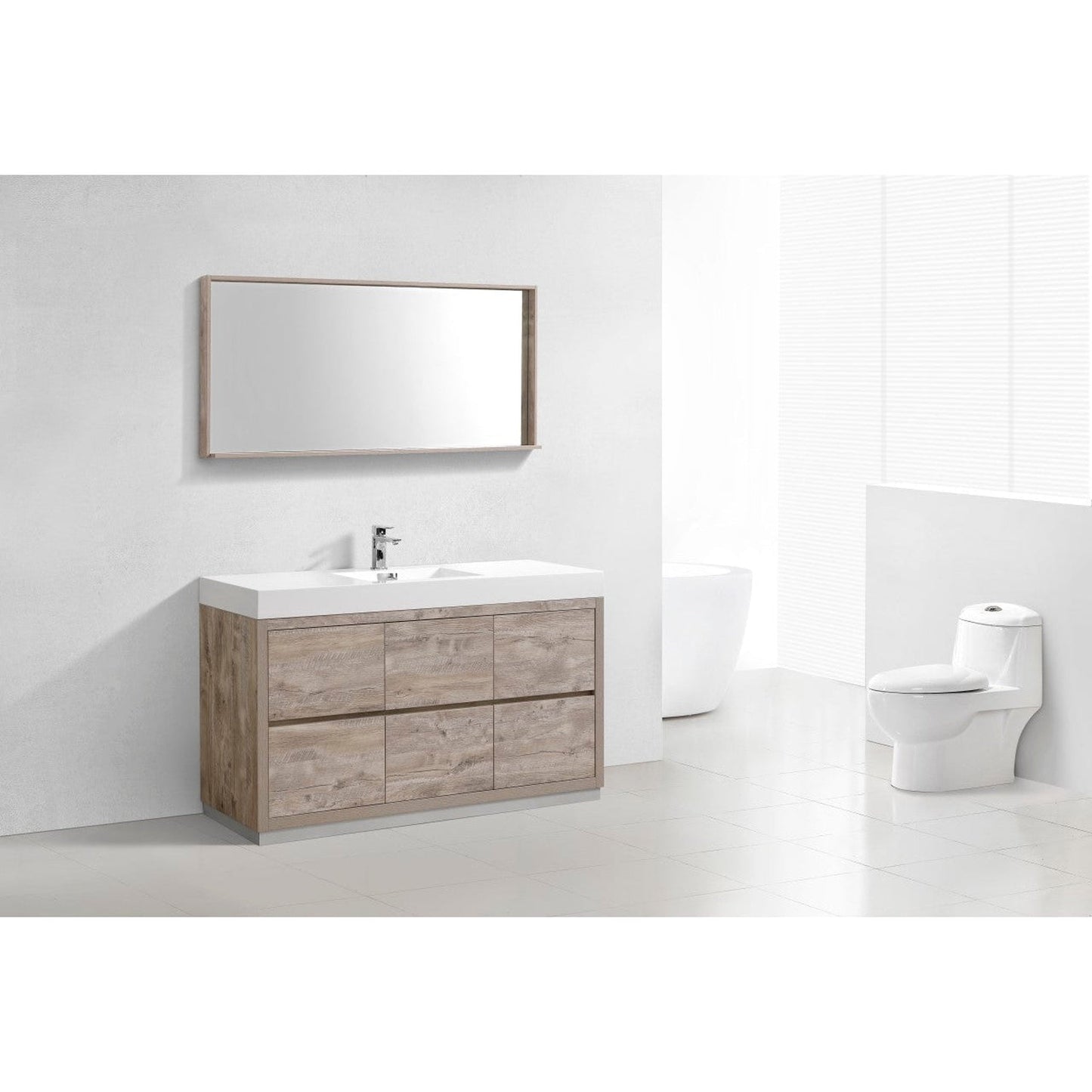 KubeBath Bliss 60" Nature Wood Freestanding Modern Bathroom Vanity With Single Integrated Acrylic Sink With Overflow and 60" Wood Framed Mirror With Shelf