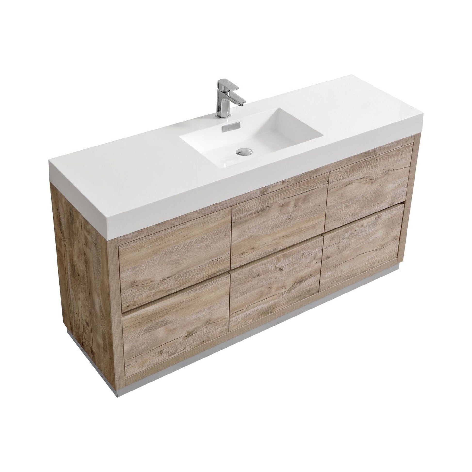 KubeBath Bliss 60" Nature Wood Freestanding Modern Bathroom Vanity With Single Integrated Acrylic Sink With Overflow and 60" Wood Framed Mirror With Shelf