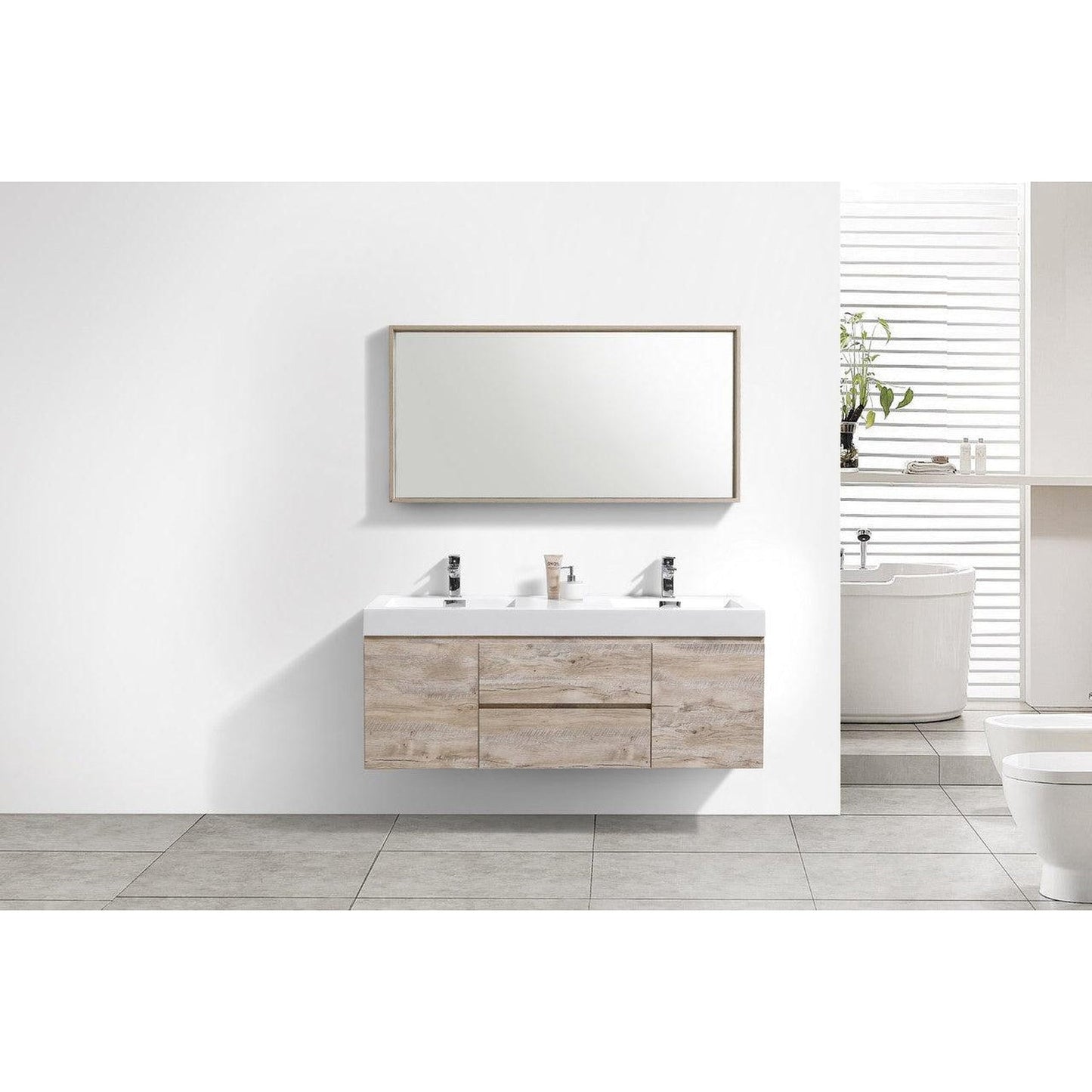 KubeBath Bliss 60" Nature Wood Wall-Mounted Modern Bathroom Vanity With Double Integrated Acrylic Sink With Overflow