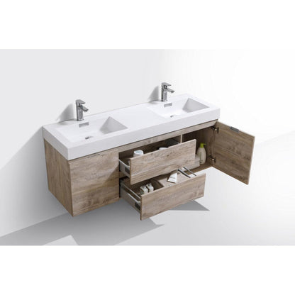 KubeBath Bliss 60" Nature Wood Wall-Mounted Modern Bathroom Vanity With Double Integrated Acrylic Sink With Overflow and 60" Wood Framed Mirror With Shelf