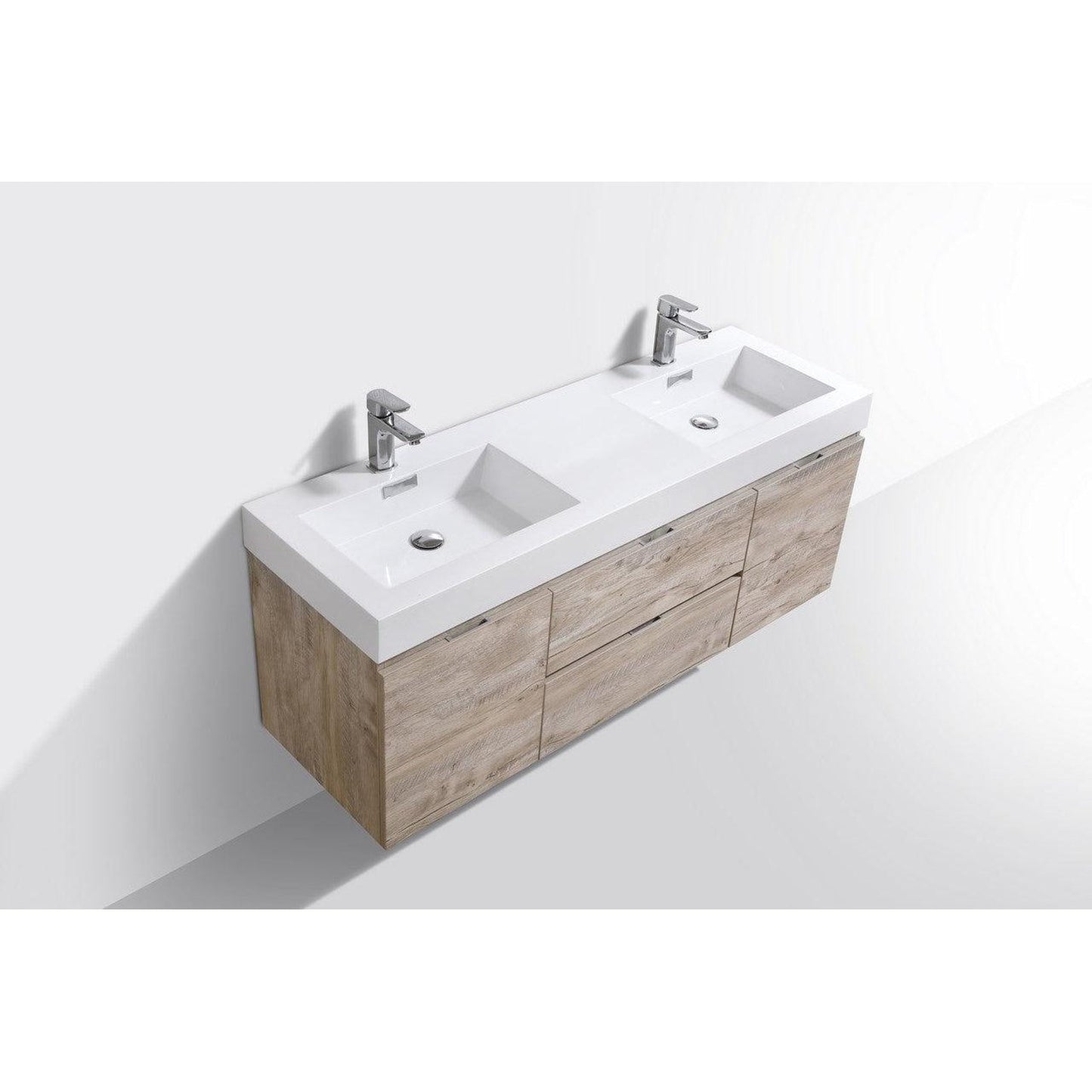 KubeBath Bliss 60" Nature Wood Wall-Mounted Modern Bathroom Vanity With Double Integrated Acrylic Sink With Overflow and 60" Wood Framed Mirror With Shelf