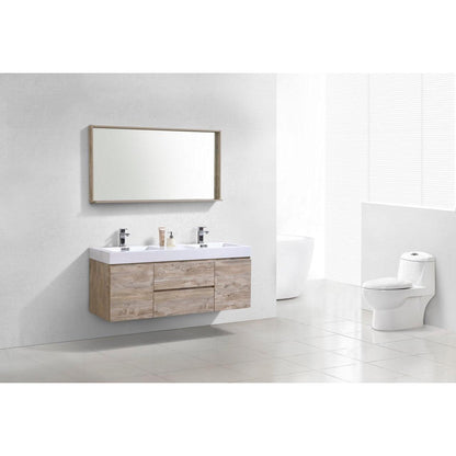 KubeBath Bliss 60" Nature Wood Wall-Mounted Modern Bathroom Vanity With Double Integrated Acrylic Sink With Overflow and 60" Wood Framed Mirror With Shelf