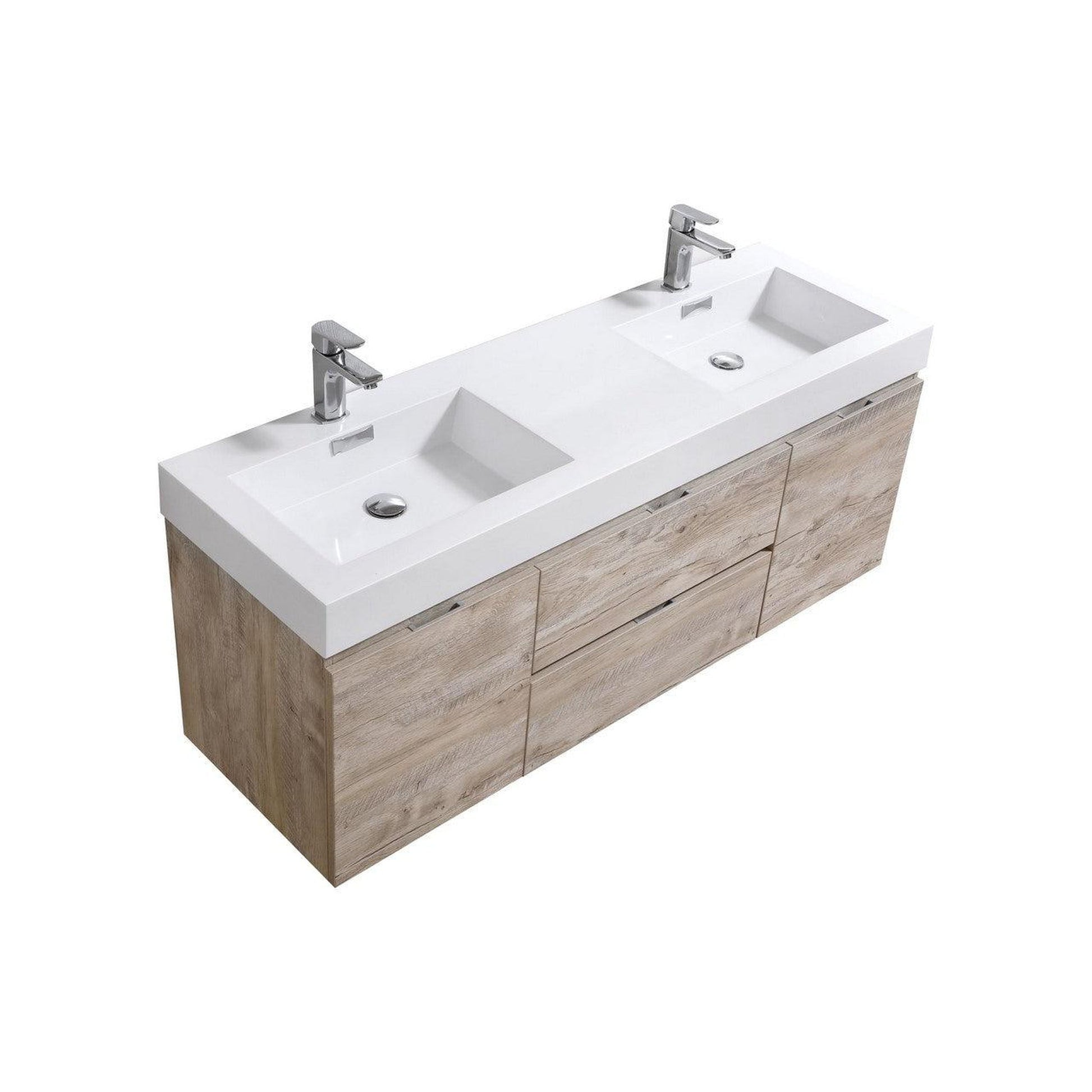 KubeBath Bliss 60" Nature Wood Wall-Mounted Modern Bathroom Vanity With Double Integrated Acrylic Sink With Overflow and 60" Wood Framed Mirror With Shelf